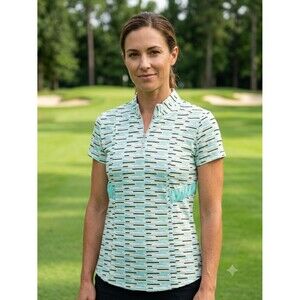 Bette & Court Geometric Striped Golf Polo Shirt Mock Neck Zip Top Medium